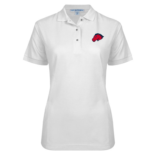  Womens Silk Touch White Pique Polo - Mustang Head