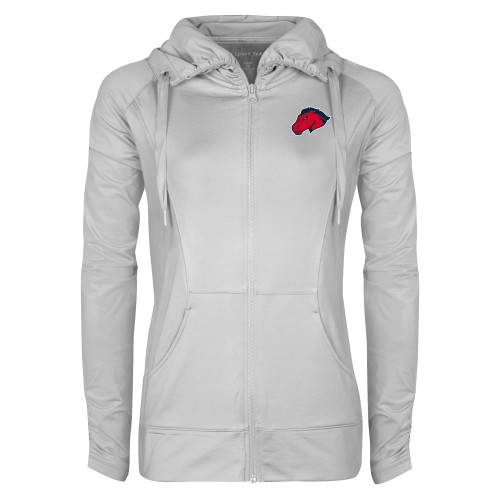  Womens White Sport Wick Stretch Full Zip Jacket - Mustang Head