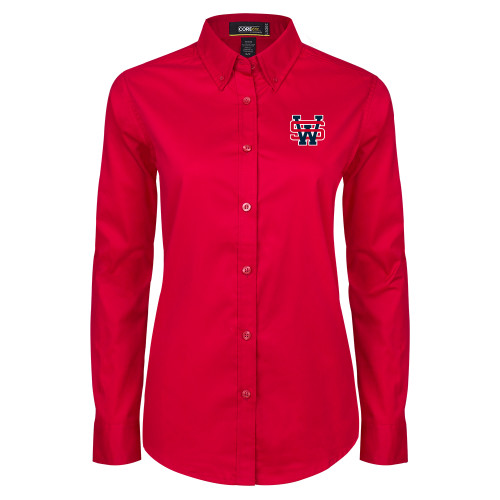  Womens Red Twill Button Down Long Sleeve  - SW