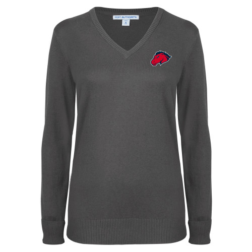  Womens Charcoal Heather VNeck Sweater - Mustang Head