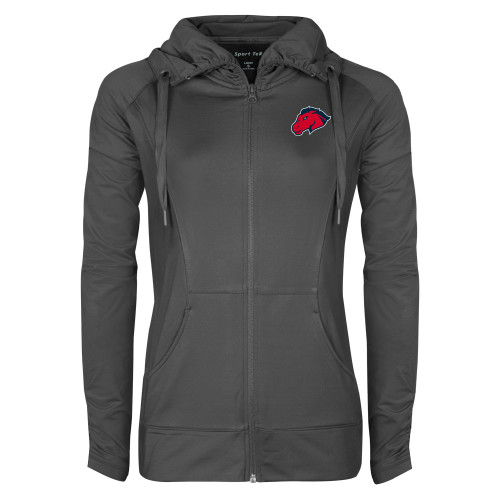  Womens Charcoal Sport Wick Stretch Full Zip Jacket - Mustang Head
