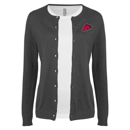  Womens Charcoal Cardigan Sweater - Mustang Head