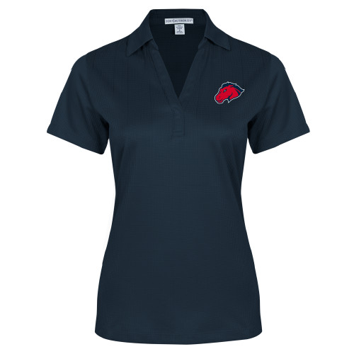  Womens Navy Performance Fine Jacquard Polo - Mustang Head
