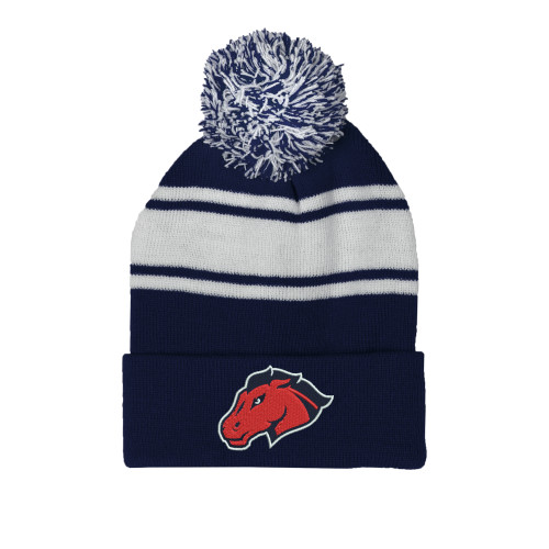  Navy/White Two Tone Knit Pom Beanie w/Cuff - Mustang Head