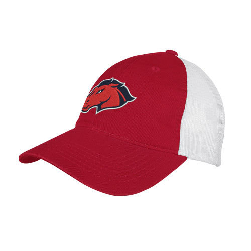 Red/White Mesh Back Unstructured Low Profile Hat - Mustang Head