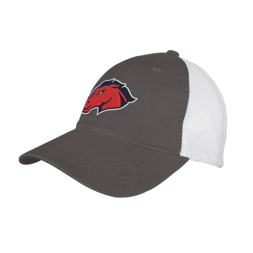  Charcoal/White Mesh Back Unstructured Low Profile Hat - Mustang Head