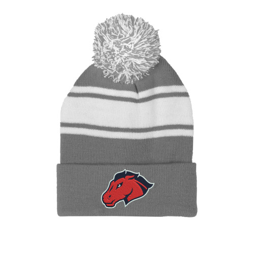  Grey/White Two Tone Knit Pom Beanie w/Cuff - Mustang Head