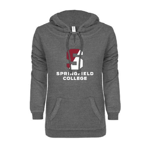 Springfield College ENZA Womens Dark Heather V Notch Raw Edge Fleece Hoodie