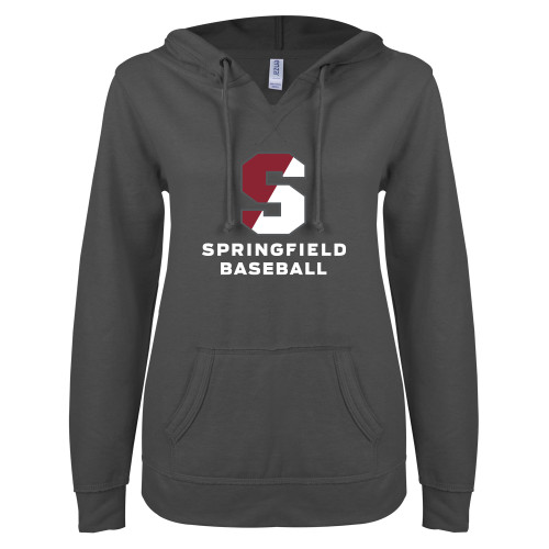  ENZA Womens Dark Heather V Notch Raw Edge Fleece Hoodie - Baseball