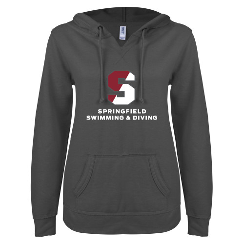  ENZA Womens Dark Heather V Notch Raw Edge Fleece Hoodie - Swimming & Diving