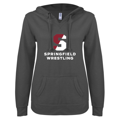  ENZA Womens Dark Heather V Notch Raw Edge Fleece Hoodie - Wrestling