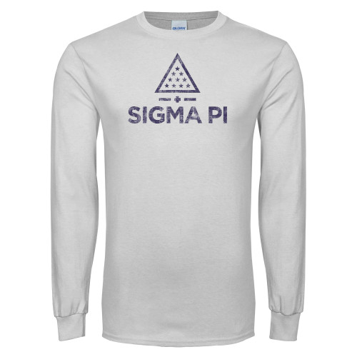 White Long Sleeve T Shirt-Vertical Logo Mark Distressed