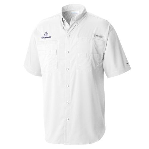 Columbia White Tamiami Performance Short Sleeve Shirt-Vertical Logo Mark