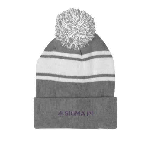 Grey/White Two Tone Knit Pom Beanie w/Cuff-Standard Logo Mark