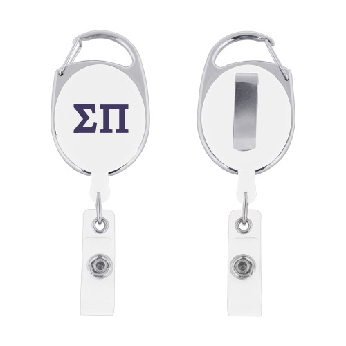 White Oval Retractable Badge Holder w/Clip-Greek Letters