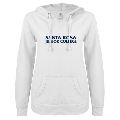  ENZA Womens White V Notch Raw Edge Fleece Hoodie - Santa Rosa Junior College Wordmark