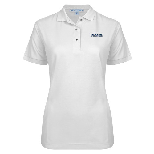  Womens Silk Touch White Pique Polo - Santa Rosa Junior College Wordmark