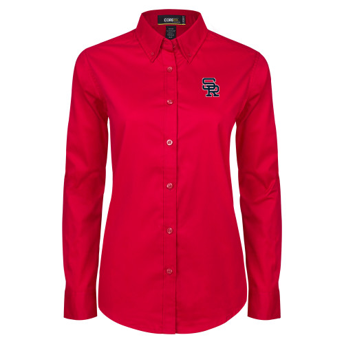  Womens Red Twill Button Down Long Sleeve  - SR Lockup