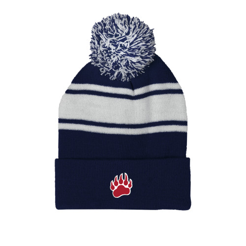  Navy/White Two Tone Knit Pom Beanie w/Cuff - Bearcub Paw
