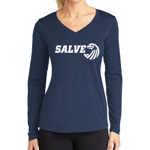  Womens Navy Performance Long Sleeve V Neck Shirt - Salve w/ Icon