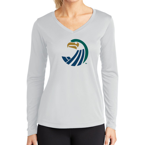  Womens White Performance Long Sleeve V Neck Shirt - Athletics Icon