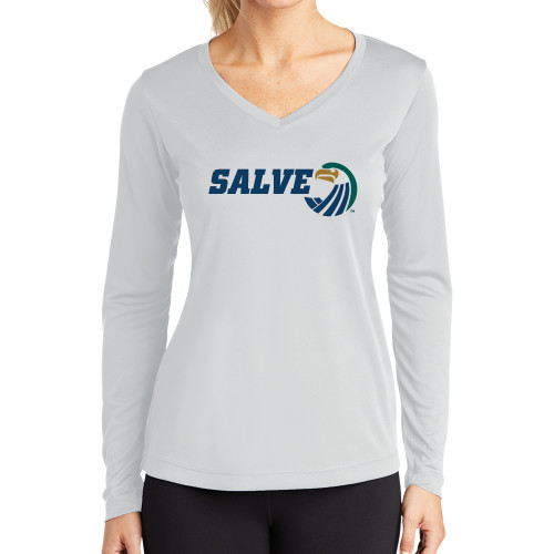  Womens White Performance Long Sleeve V Neck Shirt - Salve w/ Icon