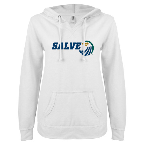  ENZA Womens White V Notch Raw Edge Fleece Hoodie - Salve w/ Icon