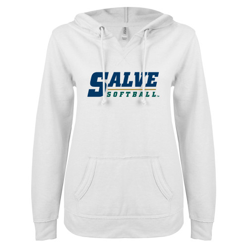  ENZA Womens White V Notch Raw Edge Fleece Hoodie - Softball