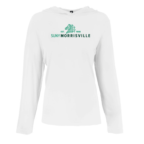  Womens White Long Sleeve Hooded Tee - Mustang and SUNY Wordmark