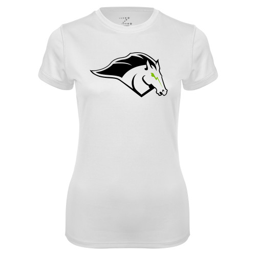  Womens White Performance Tee - Mustang Mascot