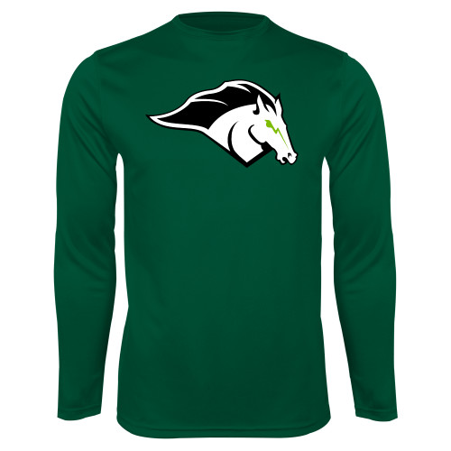  Dark Green Performance Long Sleeve Shirt - Mustang Mascot
