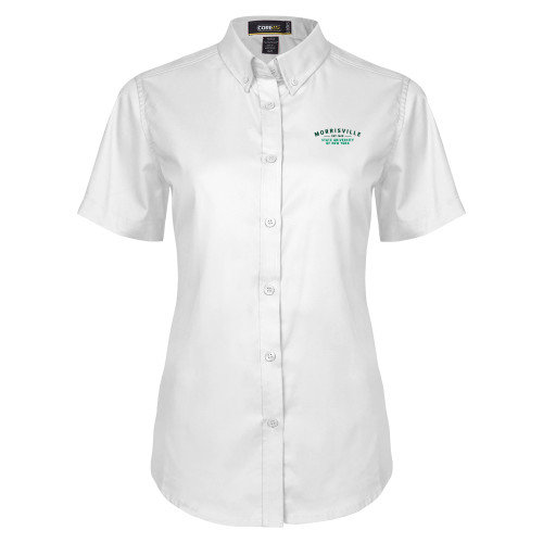  Womens White Twill Button Up Short Sleeve - Arching Wordmark