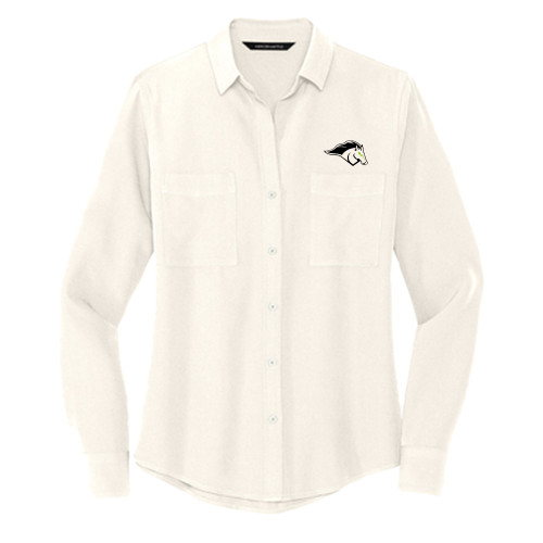  Mercer + Mettle Womens Ivory Crepe Long Sleeve Camp Blouse - Mustang Mascot
