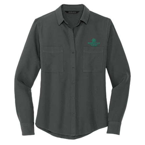  Mercer + Mettle Womens Grey Crepe Long Sleeve Camp Blouse - Mustang and Formal Wordmark
