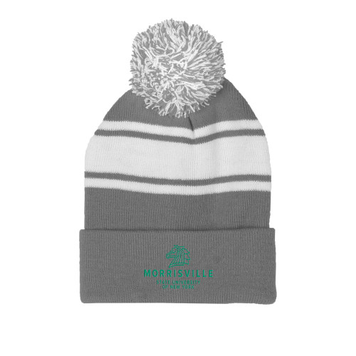  Grey/White Two Tone Knit Pom Beanie w/Cuff - Mustang and Formal Wordmark