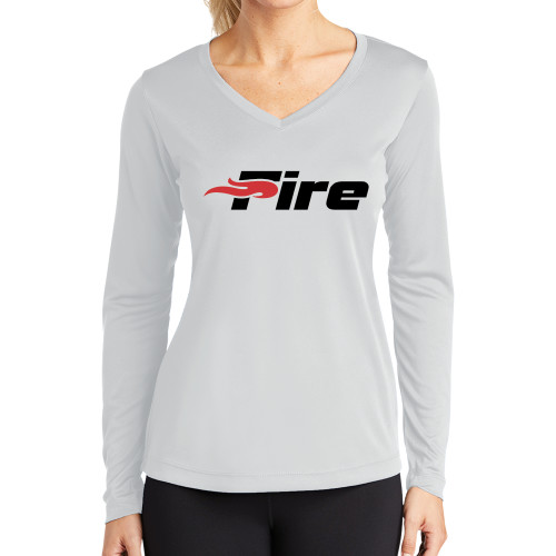  Womens White Performance Long Sleeve V Neck Shirt - Primary Mark