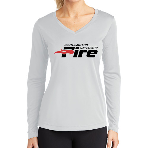  Womens White Performance Long Sleeve V Neck Shirt - Secondary Mark