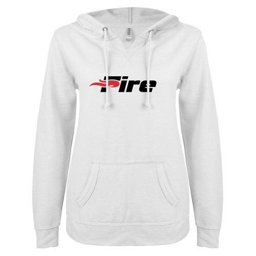  ENZA Womens White V Notch Raw Edge Fleece Hoodie - Primary Mark