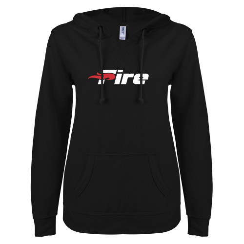  ENZA Womens Black V Notch Raw Edge Fleece Hoodie - Primary Mark