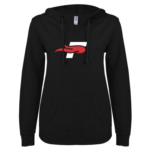  ENZA Womens Black V Notch Raw Edge Fleece Hoodie - F