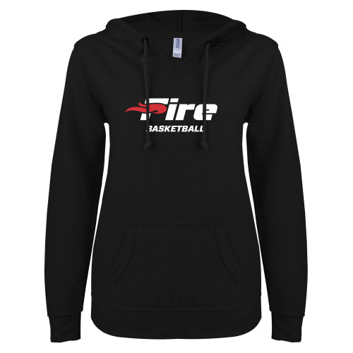  ENZA Womens Black V Notch Raw Edge Fleece Hoodie - Basketball