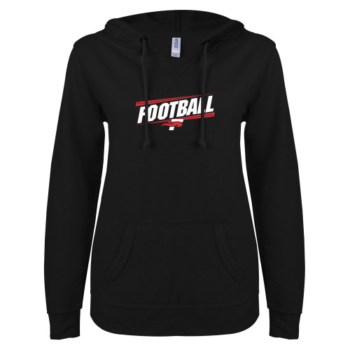  ENZA Womens Black V Notch Raw Edge Fleece Hoodie - Football Design