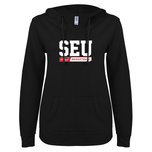  ENZA Womens Black V Notch Raw Edge Fleece Hoodie - Basketball Design