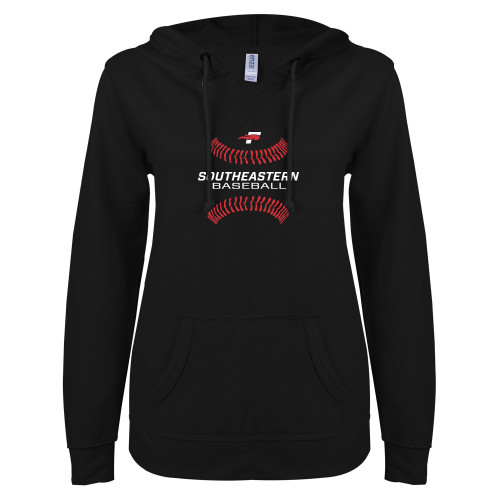  ENZA Womens Black V Notch Raw Edge Fleece Hoodie - Baseball Design