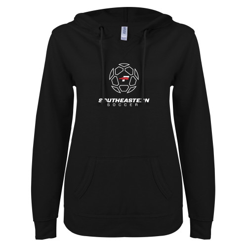  ENZA Womens Black V Notch Raw Edge Fleece Hoodie - Soccer Design