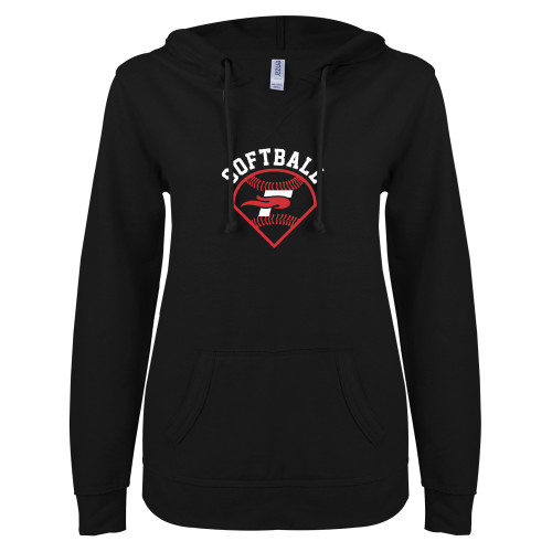  ENZA Womens Black V Notch Raw Edge Fleece Hoodie - Softball Design