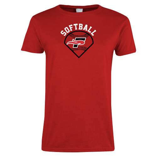  Womens Short Sleeve Red Tee - Softball Design