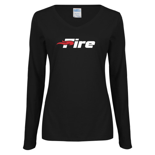  Womens Black Long Sleeve V Neck Tee  - Primary Mark