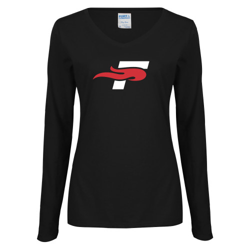  Womens Black Long Sleeve V Neck Tee  - F