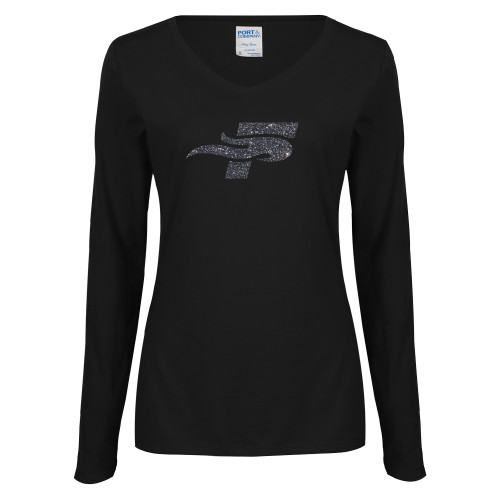  Womens Black Long Sleeve V Neck Tee  - F Graphite Soft Glitter